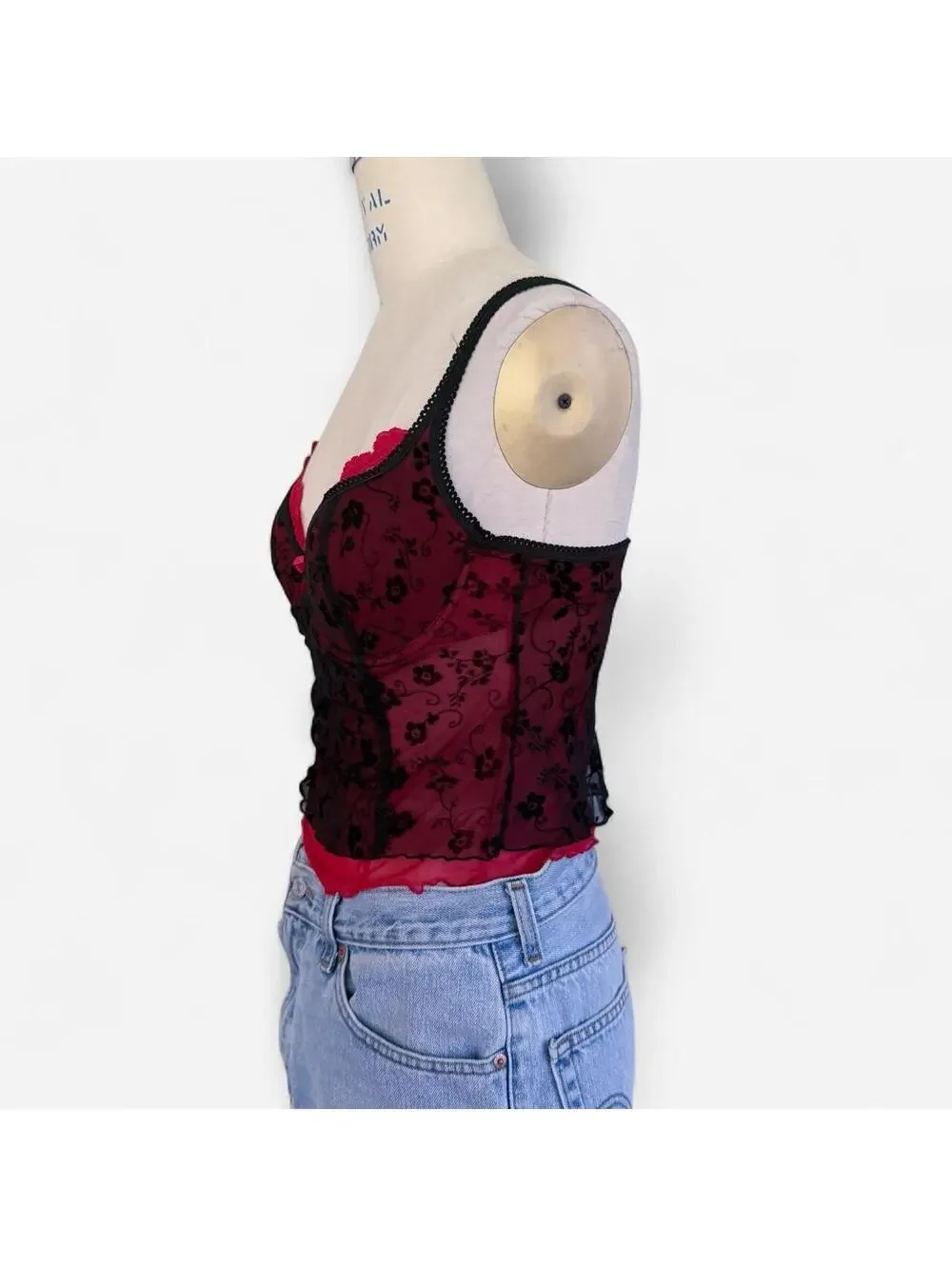 Vintage Y2K Red Black Floral Lace Bustier Corset Top in Burgundy